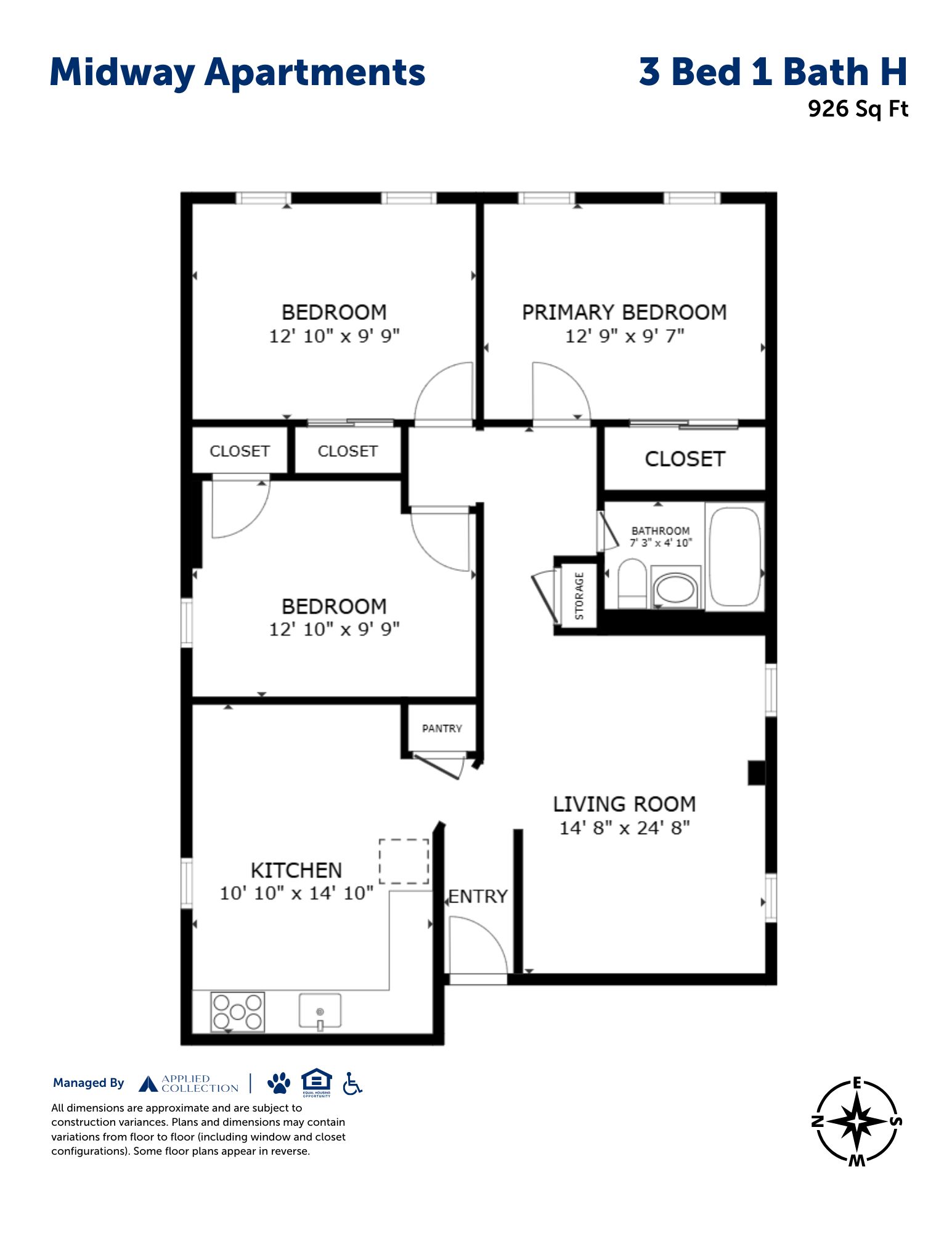 Floor plan for 3 beds, 1 bath, 926 sqft